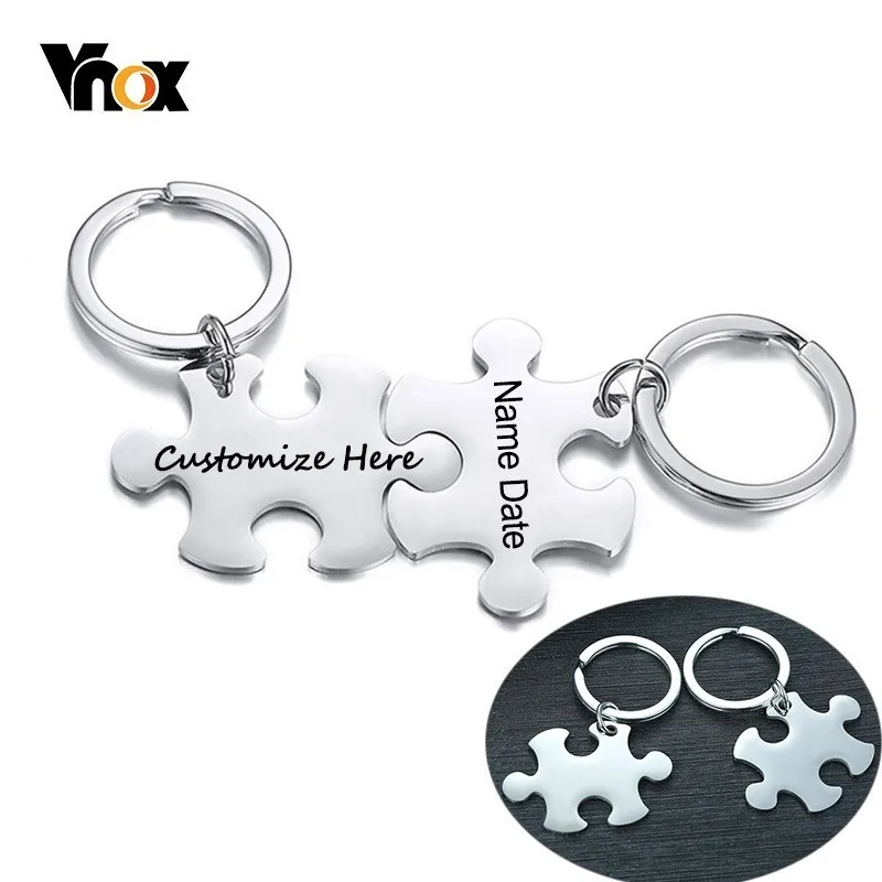 

Vnox Personalized Name Date Key Chain for Women Men Puzzle Shape Glossy Stainless Steel Key Ring His and Her Set Couples Gift