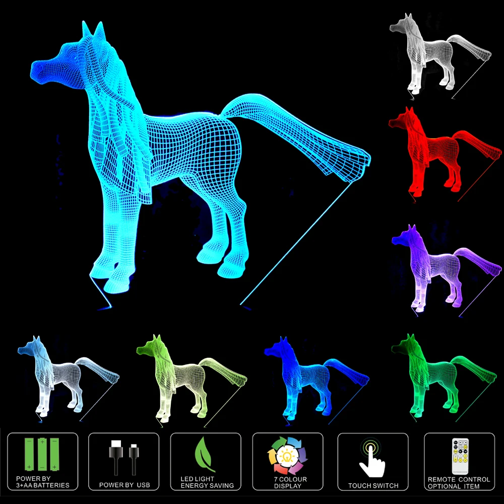 3D LED Colorful Night Light USB Table Lamp Lampara Fixture Gifts Creative Running Horse Animal Baby Sleeping Lighting | Освещение