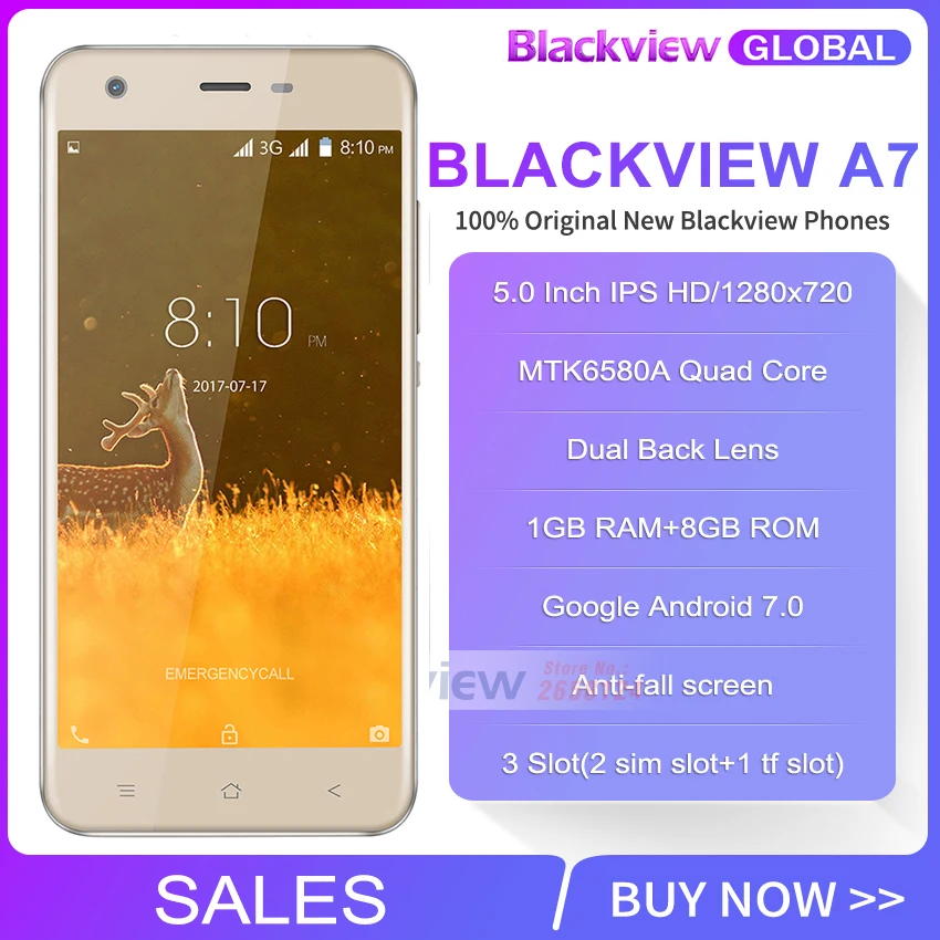 Blackview A7 смартфон с четырёхъядерным процессором MTK6580A ОЗУ 1 ГБ ПЗУ 8 3 камеры 3G WCDMA 2800