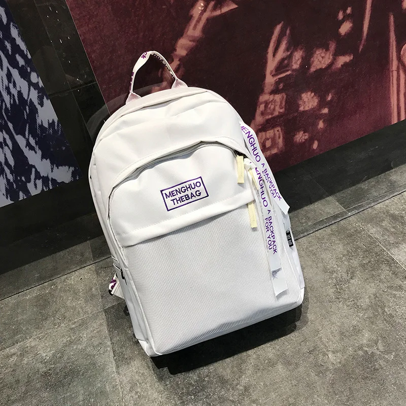 Menghuo Casual Unisex Boys Women Backpack Personality Letters Ribbons Backpack Mochila Big Students School Bag Girls Travel Bag (41)