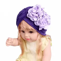 Мусульманская детская стрейч одноцветное цветок с оборками, наголовная повязка тюрбан шапка шапки для девочек Головные уборы шапочка Hairband