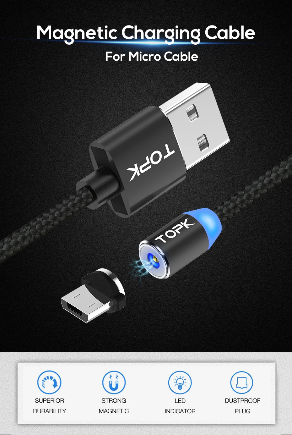 TOPK AM23 светодиодный магнитный Micro USB кабель USB C кабель для samsung Xiaomi huawei Android кабели для мобильных телефонов для iPhone X Xs Max