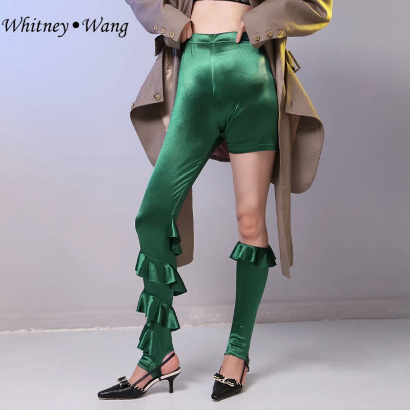 WHITNEY WANG осенние модные уличные сексуальные открытые атласные штаны с оборками Женские WW-2357