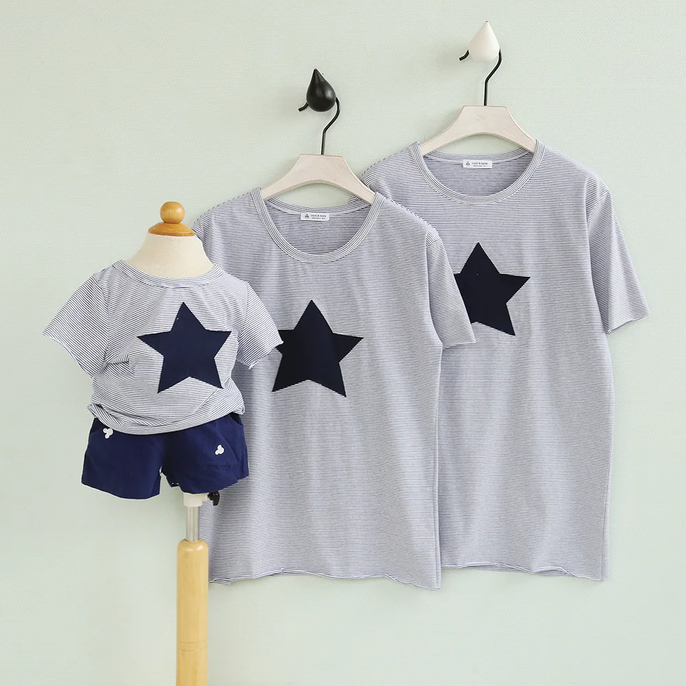 Девочка и мальчик хлопок Футболки, Звезда вышивка, лето родитель-ребенок пакет, с короткими рукавами семейный наряд