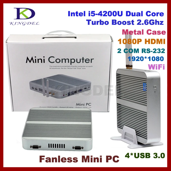 4GB RAM+64G SSD fanless i5 4200u desktop mini computers,Intel HD 4400 Graphics,2*COM RS232,4*USB 3.0, HDMI,4K HD HTPC