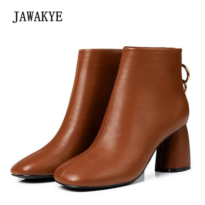 

JAWAKYE Real Leather Popular Boots Women Square Toe Strange Chunky High Heel Short Boots Woman Caramel color Martin Boots 2017