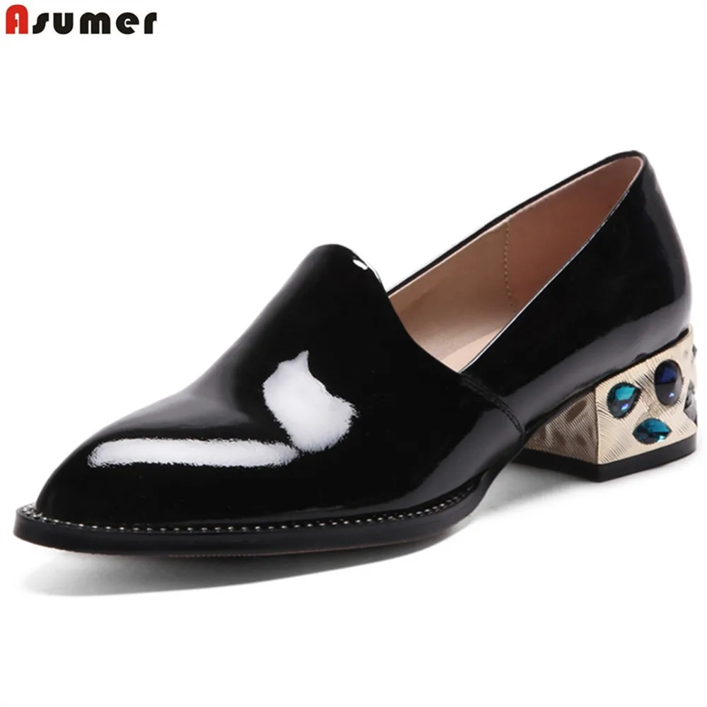 ASUMER black white fashion spring autumn ladies single shoes pointed toe square heel women genuine leather med heels shoes ASUMER black white fashion spring autumn ladies single shoes pointed toe square heel women genuine leather med heels shoes