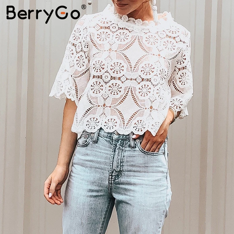 BerryGo Кружевная блуза с вышивкой летняя блузка рубашка женская 2019 цветочный