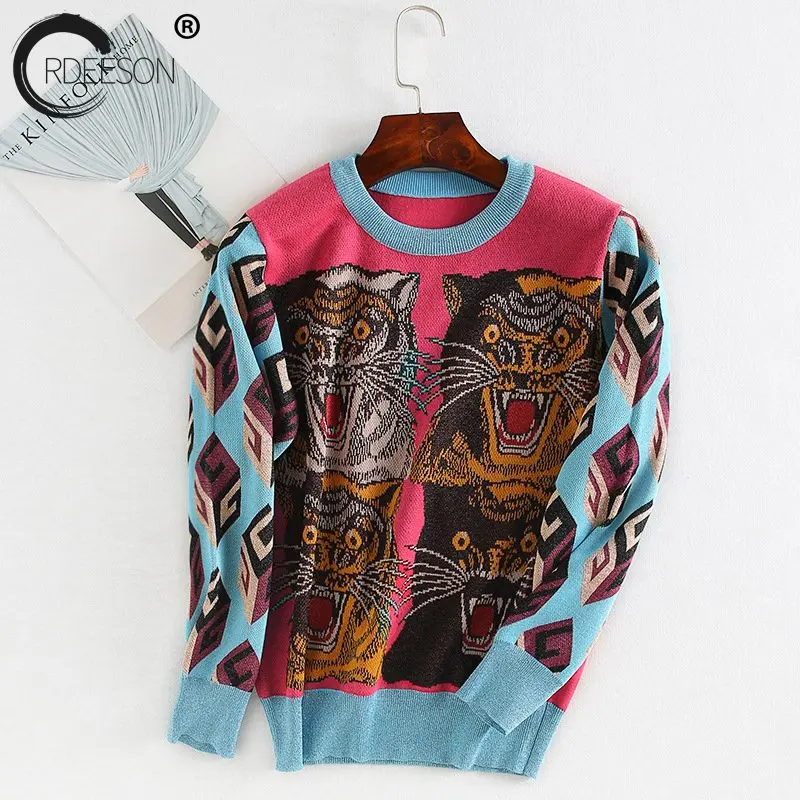 Kopen ORDEESON Tijger Patroon Afdrukken Vrouwen Trui O hals Mode Lange Mouwen Gebreide Trui Tops Hit Kleur Losse Truien Pullovers