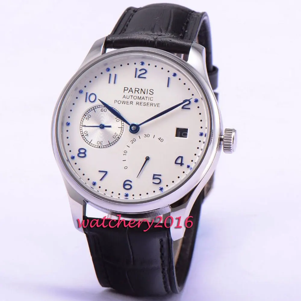 New 43mm Parnis White Dial date adjust Power Reserve Automatic Movement blue markers Men's Watch New 43mm Parnis White Dial date adjust Power Reserve Automatic Movement blue markers Men's Watch