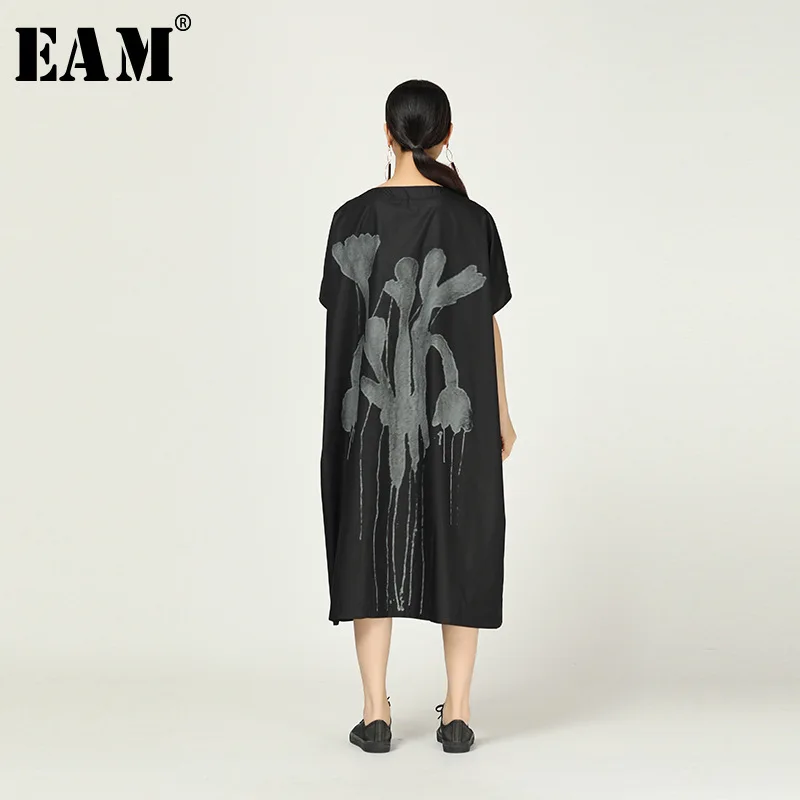 

[EAM] 2019 New Spring Summer Round Neck Short Sleeve Print Pattern Pockets Brief Thin Loose Big Size Dress Women Fashion JX606