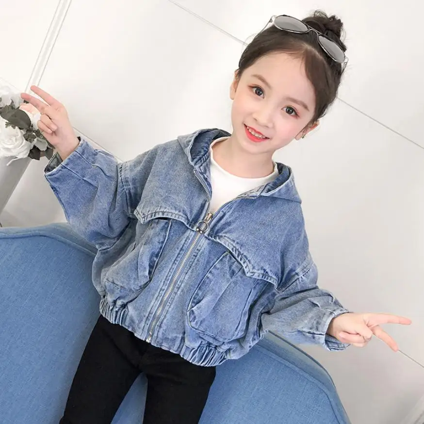 

Baby Girl Denim hooded jacket Solid washed jean Coats Zipper design Children casual Outerwear Modis Kids Clothes Jacket Y1425