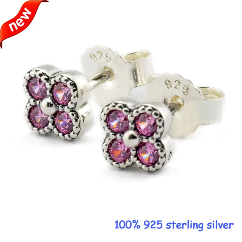

2016 New Oriental Blossom Silver Stud Earrings With Pink CZ 100% 925 Sterling Silver Jewelry DIY Wholesale 09E066