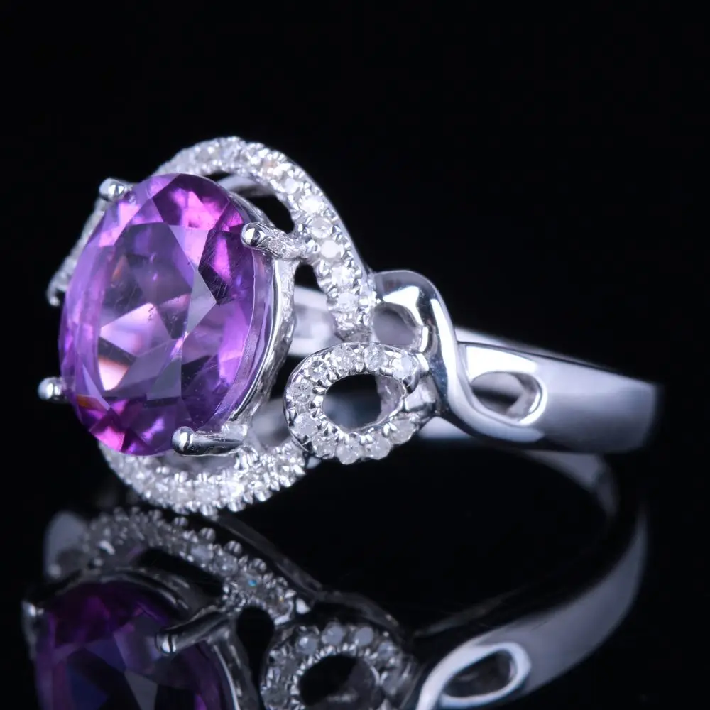 925 Sterling Silver 10x8mm Oval 2.5ct Amethyst Pave Natural Diamonds Wedding Ring Fine Jewelry Engagement Gemstone Ring