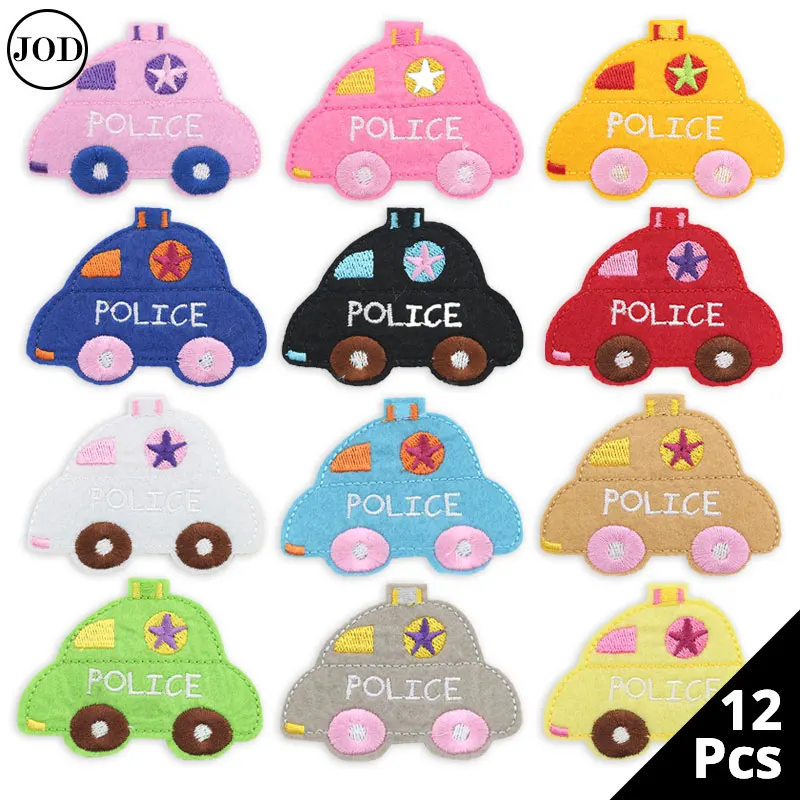 

12 Colors Set Embroidery Iron on Patches for Clothing Accessories Policia Car Patch Badges Cloth Stickers Scrapbooking Children