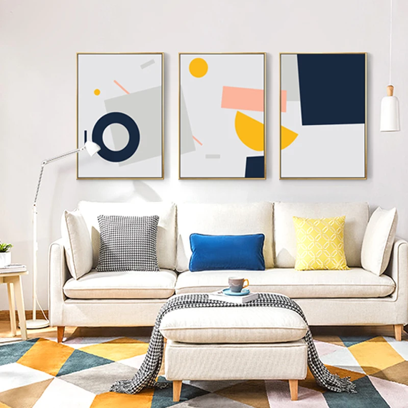 Скандинавский освежающий геометрический узор комбинация холст картины желтый и синий плакат печать настенные художественные картины декор для гостиной