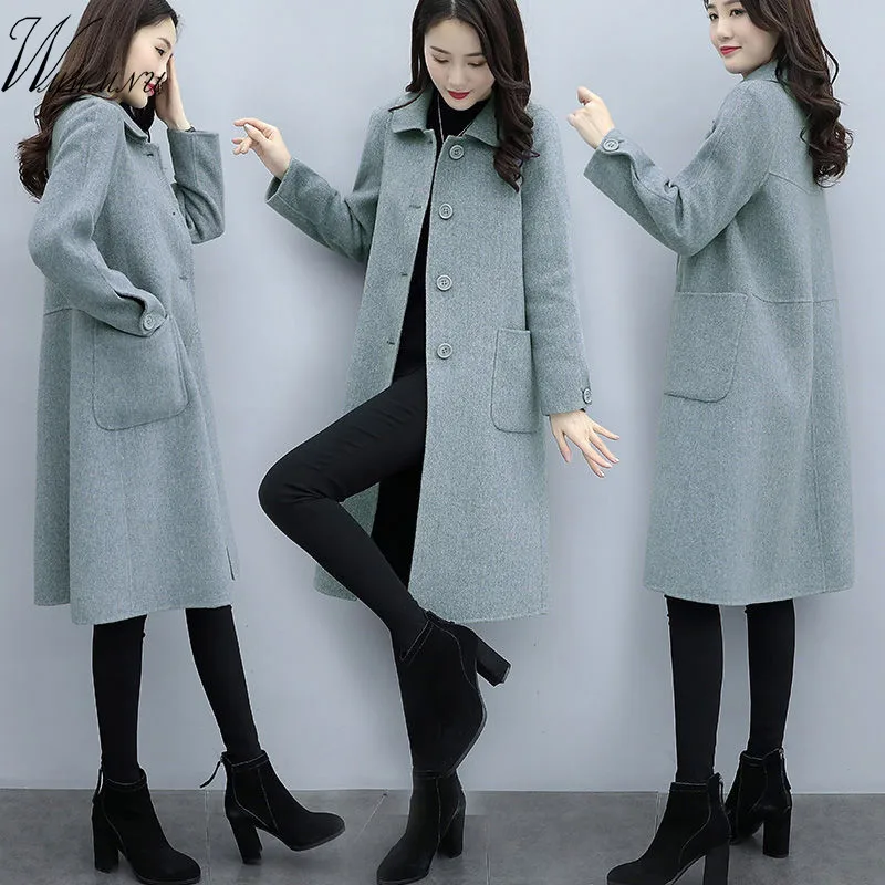 Шерстяное зимнее женское пальто повседневное теплое плотное пальто Новое Свободное длинное женское Шерстяное Пальто с карманами новое пальто Abrigo Mujer