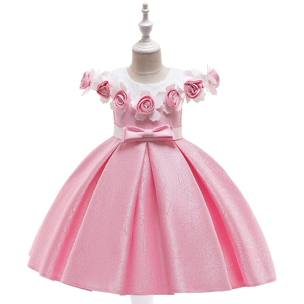 

New jacquard short-sleeved dress girls stereo flower princess dress satin bow flower girl wedding dress