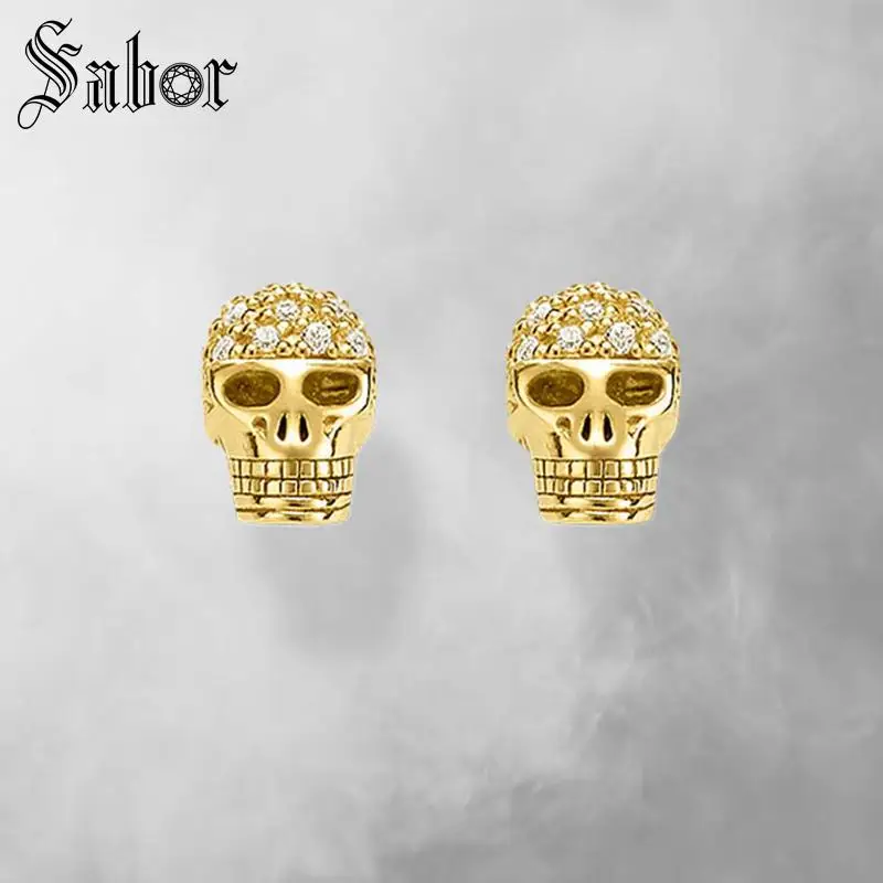 

Gold Color Skull Pave Stud Earrings 2019 New Zirconia Jewelry White Punk 925 Sterling Silver Gift For Women Men Lover thomas