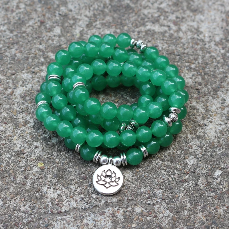 

Green Onyx Beads With Lotus Buddha OM Charms Bracelet Or Natural Stone Necklace 108 Yoga Jewelry Jewelry