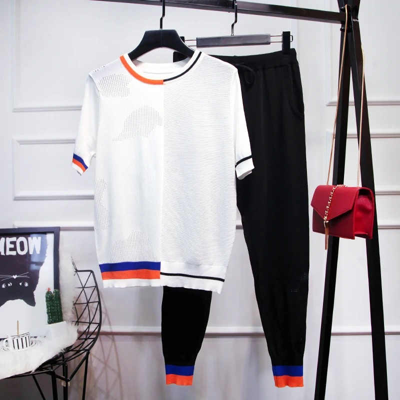 

New 2019 summer women's casual leisure suit Chic knitting T-shirts + casual apnts two piece set A163