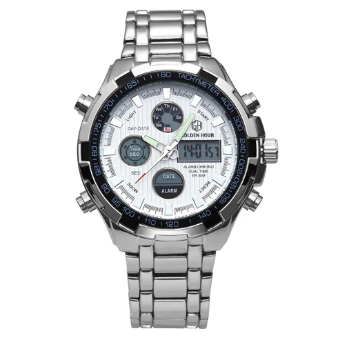 GOLDNEHOUR полностью стальные золотые часы для мужчин, Военные Спортивные кварцевые наручные часы, светодиодные цифровые часы 24 часа, мужские часы - Цвет: Silver White