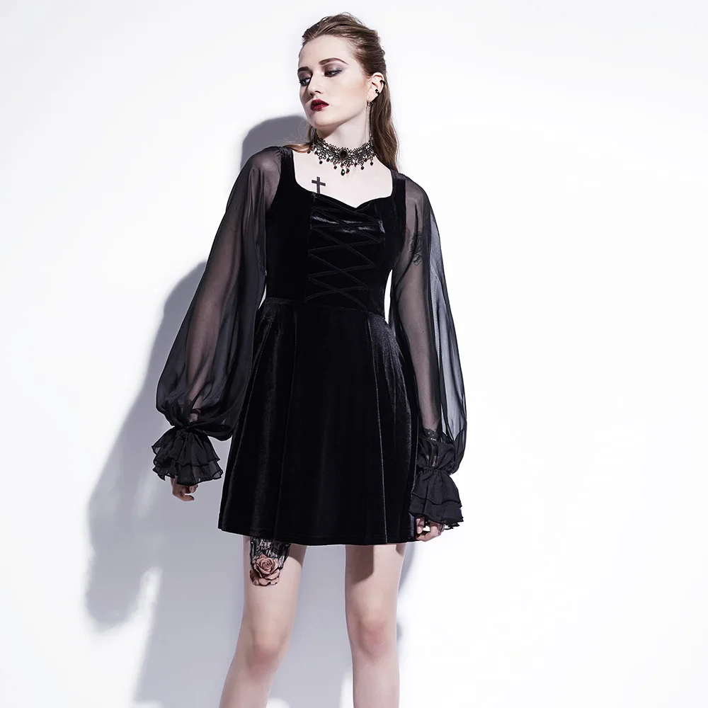 Gothic Mini Dress Black Mesh Women Patchwork Witch Lantern Sleeve High Waist Pleated A Line Goth