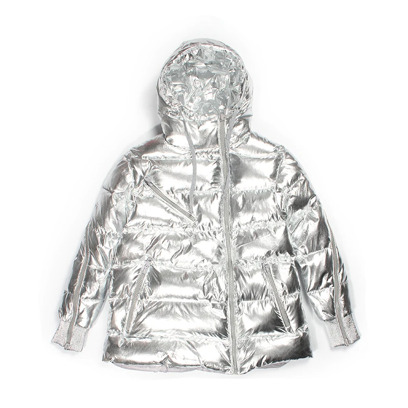 Зимняя теплая куртка модный металлический Серебряный пуховик большой размер хлопковое пальто женские зимние куртки с капюшоном парка Утепленные Пальто