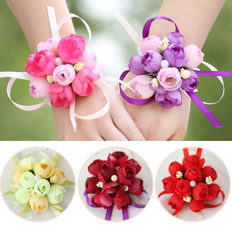 

Artificial Rose Wrist Corsage Bracelet Silk Rose Flower Bridesmaid Hand Flower With Ribbon Wedding Party Accessories