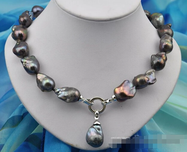 

shippingRare 18" 25mm baroque black keshi reborn pearl necklace pendant