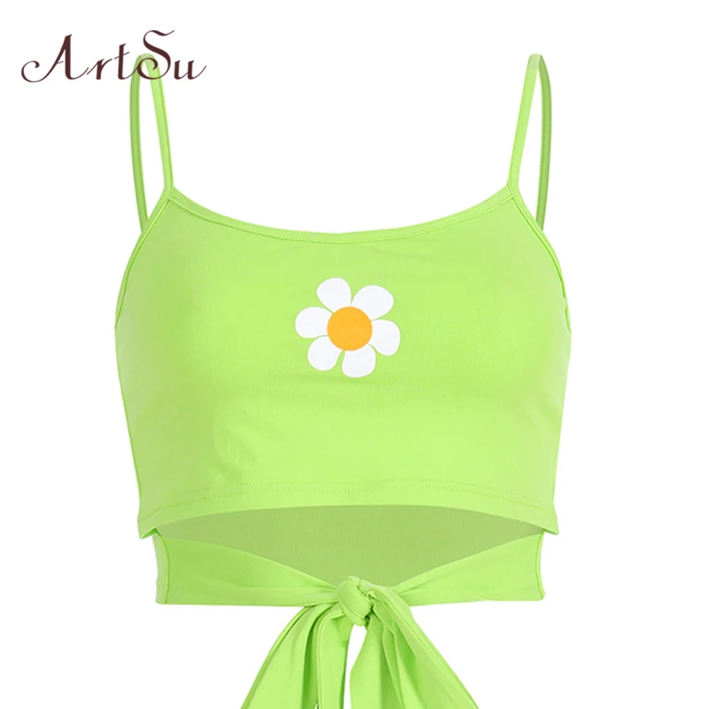 

ArtSu Neon Green Top Summer Floral Print Lace Up Camis Sleeveless Sexy Crop Top Cami Cute Casual Tops Mujer Fashion ASVE20535