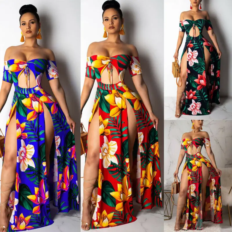 Fashion Women Summer Boho Floral Long Maxi Split Party Beach Dress Sundress