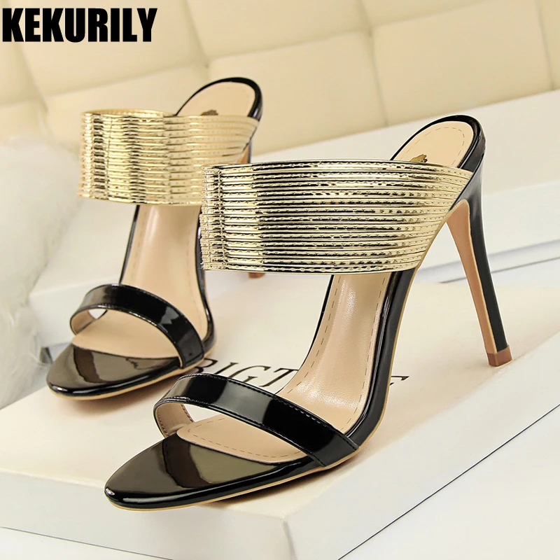 

Summer Shoes Woman Mules glitter belt Peep toe Slides High heel Slippers Slip on Sandals black gold silver bronze champagne
