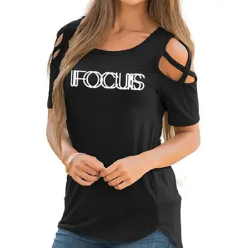 

New Fashion Bandage Off Shoulder T-Shirt For Women FOCUS Letters Print Tshirt Tops Harajuku T-Shirt Female Summer Femme Punk