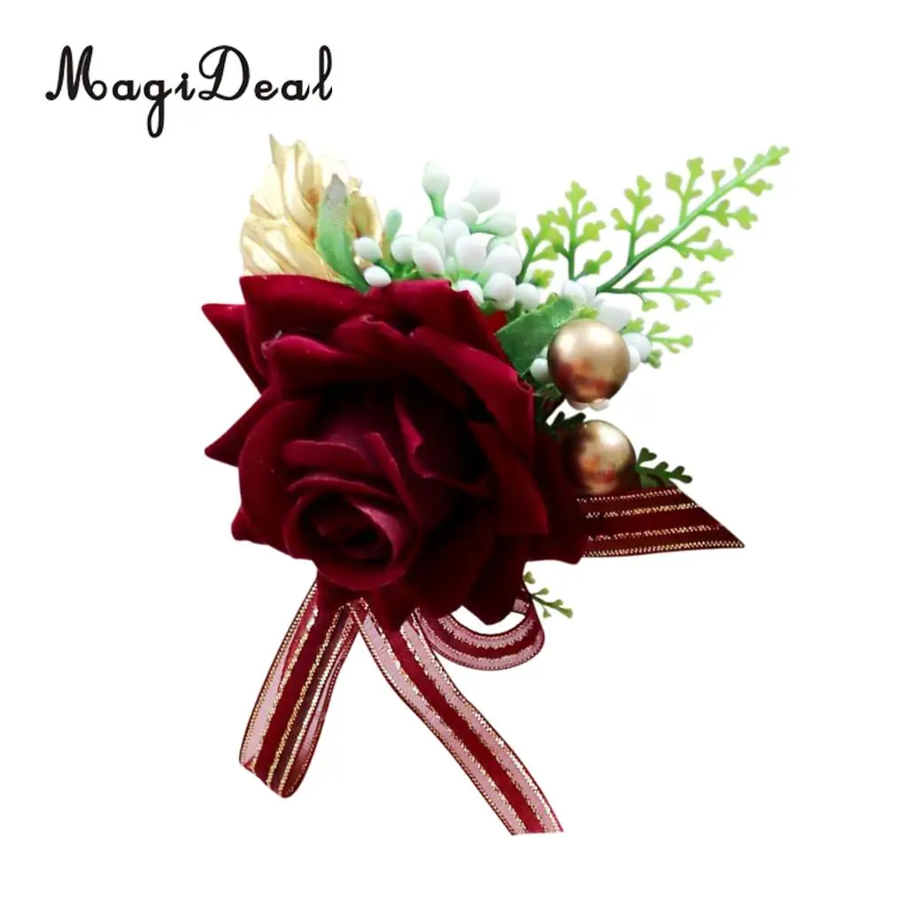 Romantic Artificial Rose Flower Pearls Wedding Corsage Boutonniere for Bridal Groom Fancy Dress