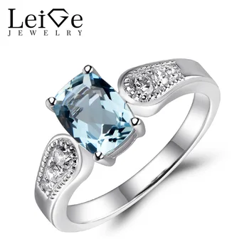 

Leige Jewelry Silver Aquamarine Ring Natural Blue Gemstone Engagement Wedding Rings for Women 6*8mm Cushion Cut March Birthstone
