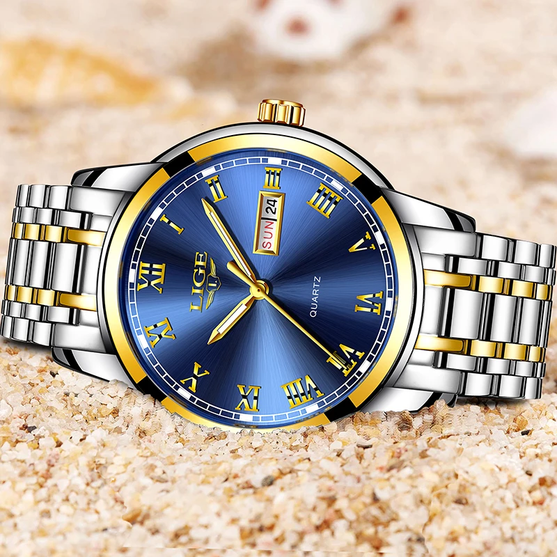 LIGE Couple Watch Gold Blue Watch Women Quartz Watches Ladies Top Brand Luxury Female WristWatch Girl Clock Relogio Feminino+Box