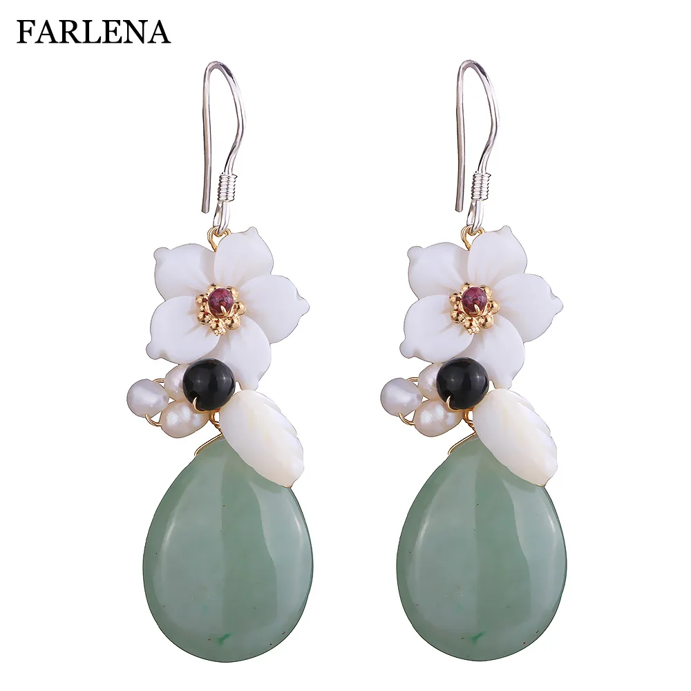 

FARLENA JEWELRY Ethnic Natural Semi-precious Stone Drop Earrings with Freshwater Pearls for Women Vintage Shell Flower Earrings
