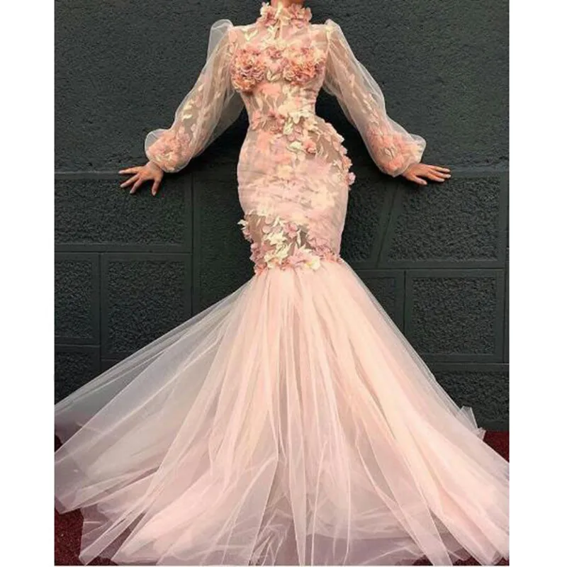 

Trendy 2019 Evening Party Dresses Mermaid Illusion Long Sleeves Applique Lace Saudi Arabic Women Robe De Soiree Prom Gown Custom