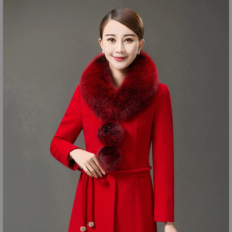 Goedkoop 2019 herfst winter vrouwen nieuwe mode grote bontkraag lange single breasted wollen kasjmier jas lady grote maat geregen wollen jas