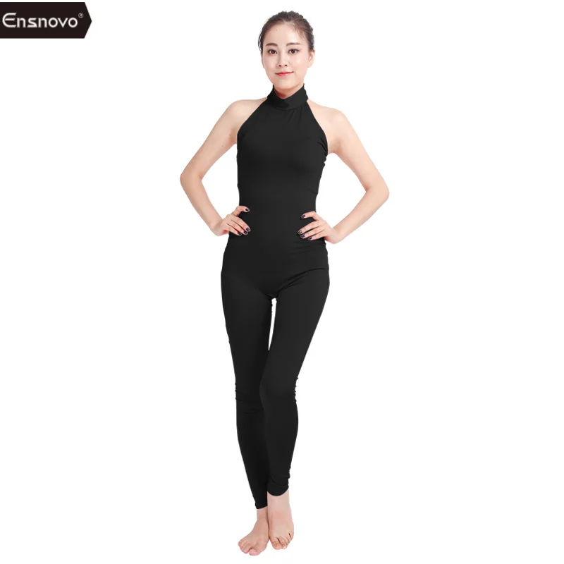 Ensnovo Women Ballet Yogo Unitard Black Bodysuit Dance Costumes Nylon