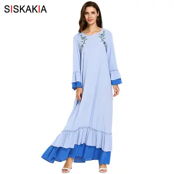 

Siskakia Elegant Double layer Ruffles Color Block Patchwork Maxi Long Dress Women Floral Embroidery Party Dresses Ramadan Muslim