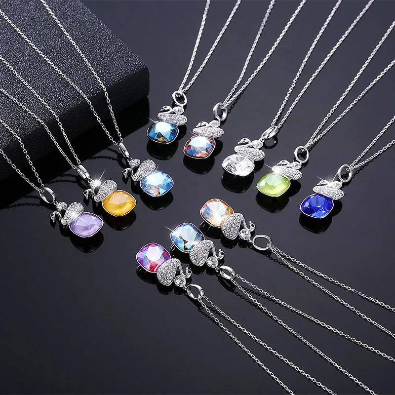 Ожерелье в виде животного кристаллами от Swarovski элемент лебедь кулон с Сияющий Кристалл 925 пробы серебро цепочки и ожерелья для женщин Подарки