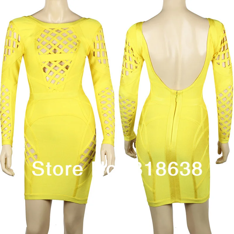 long sleeve yellow bandage dress