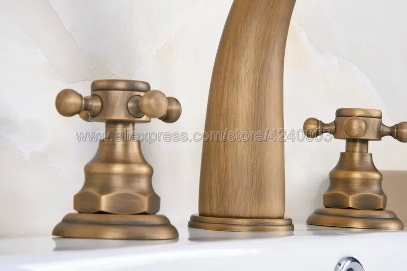 Antique Brass 3 Holes Bathroom Sink Mixer Tap Widespread Basin Faucet Dual Handle Bathroom Basin Faucet Kan080