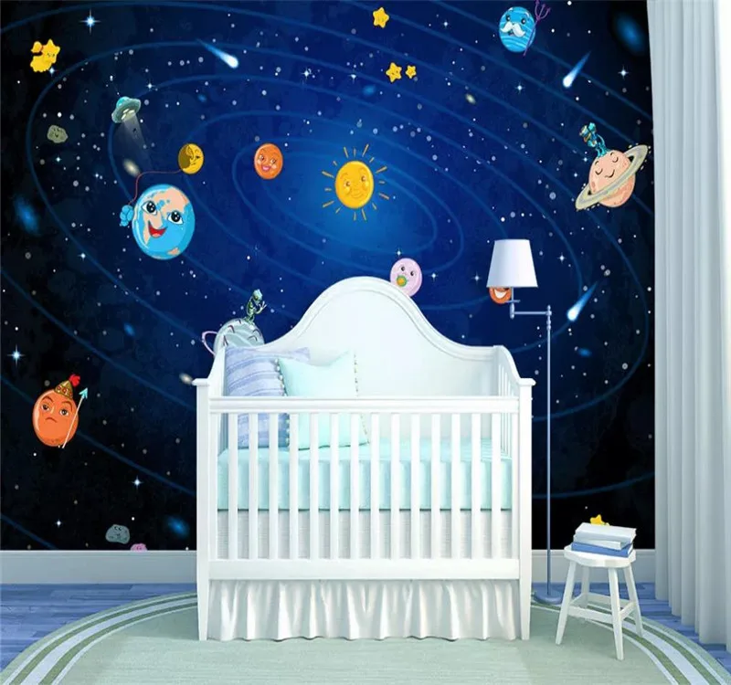 Custom wallpaper Nordic hand-painted space planet children's room sofa TV background wall decoration waterproof material Custom wallpaper Nordic hand-painted space planet children's room sofa TV background wall decoration waterproof material