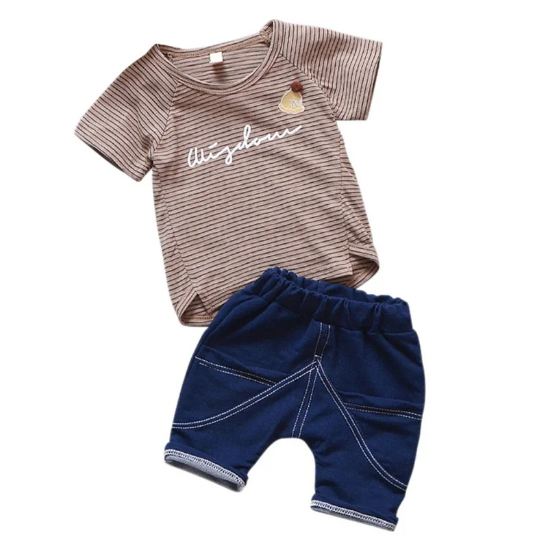  2pcs/set Summer Baby Boys Cotton Striped Letter Short Sleeve T-shirt + Casual Jeans Kids Clothing S