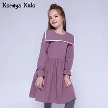Kseniya/Детские платья для девочек; хлопковое однотонное кружевное платье с длинными рукавами-лепестками и матросским воротником; модное милое платье для девочек; сезон весна-осень; вечерние платья