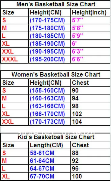 Basketball Jersey Size Chart By Height