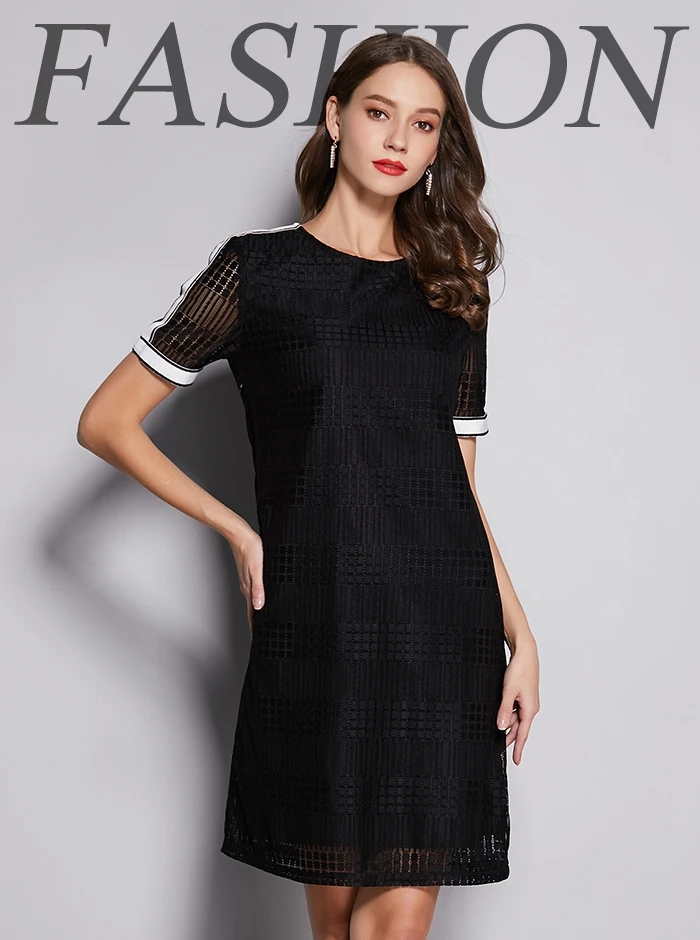 Black Loose Straight Above Knee Half Sleeves O-neck Solid Lace Dress